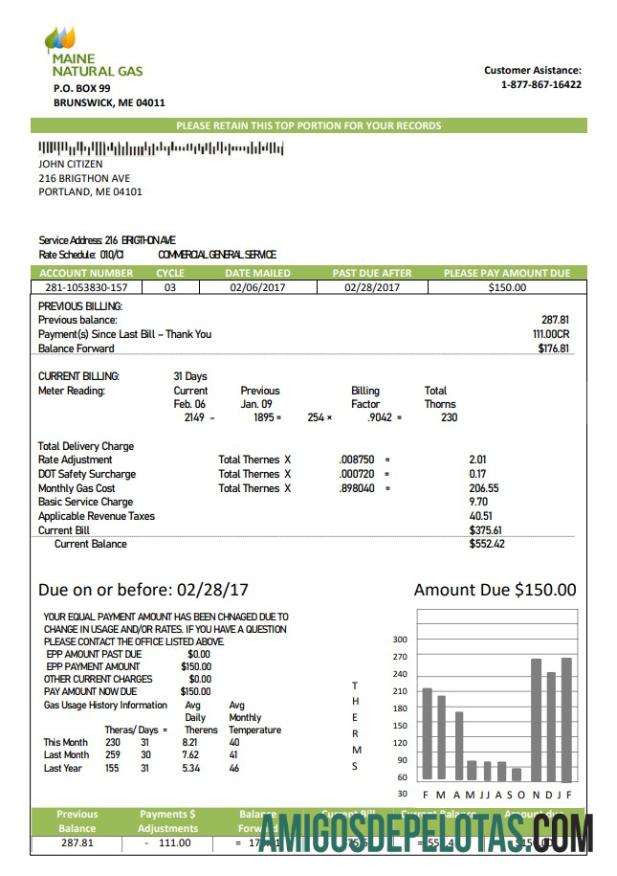 Em branco modelo de fatura de serviços públicos de Portland para gás natural dos EUA Maine em formato Word e PDF
